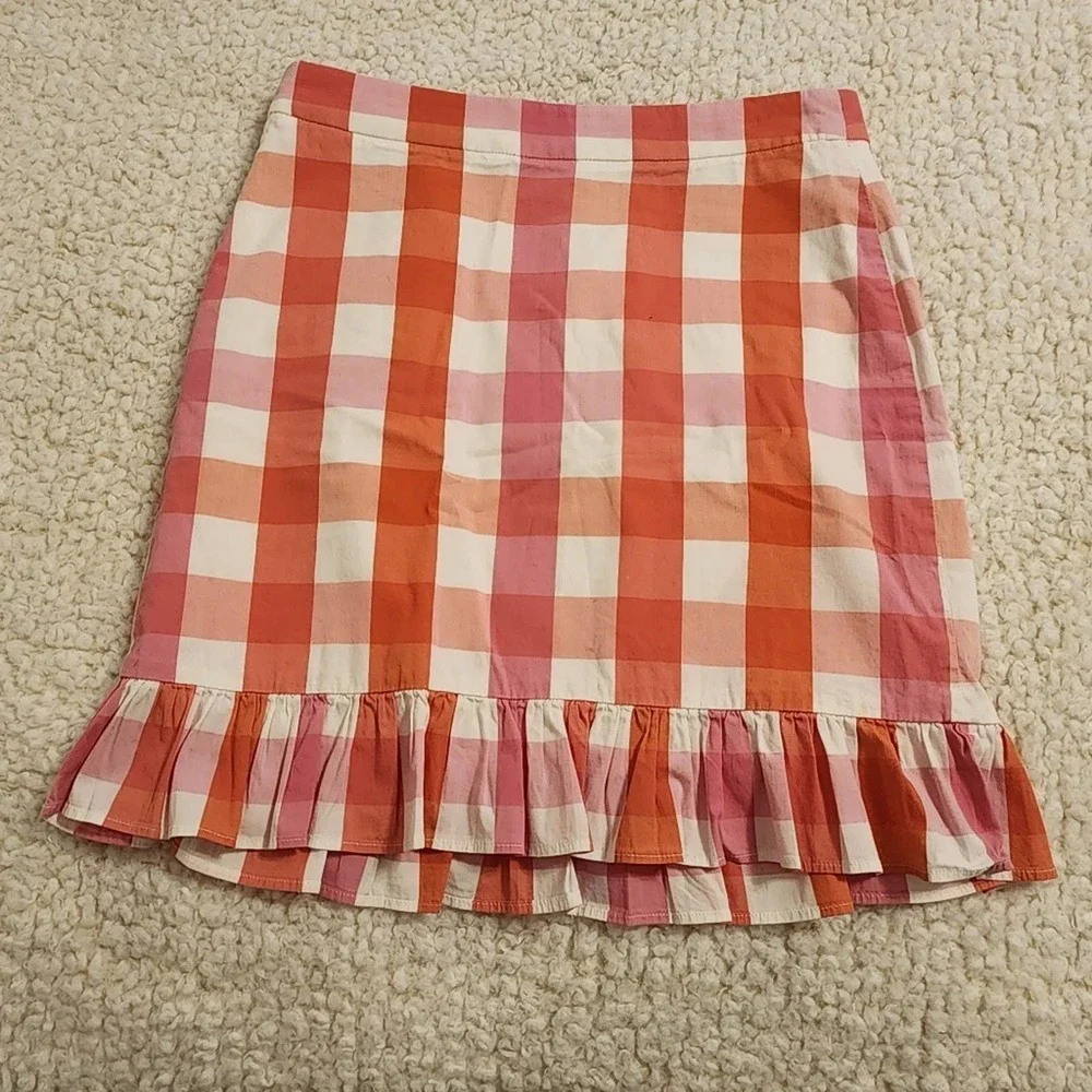 J. CREW pink orange and white‎ plaid ruffled skirt size 0